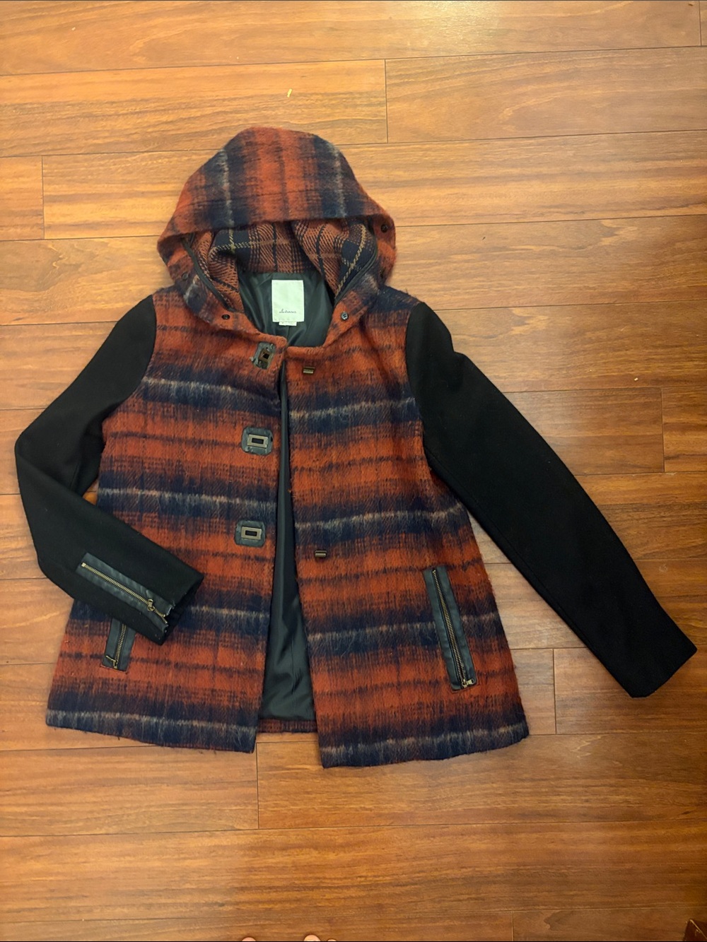 elevenses Hooded Plaid Pea Coat in Rust & Navy with Black Sleeves - DAMAGED